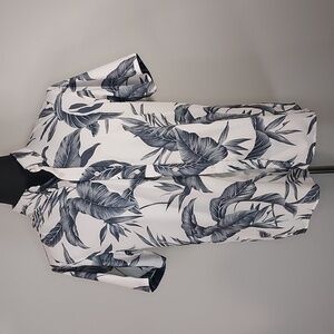 Fried Denim Tropical Leaf Print Slim Fit Short Sleeve Button-Up Size Large